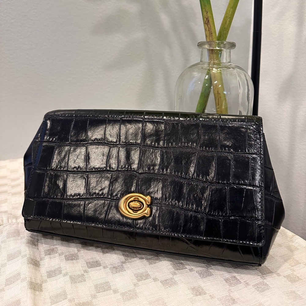 Coach Black Crocodile-Embossed Clutch